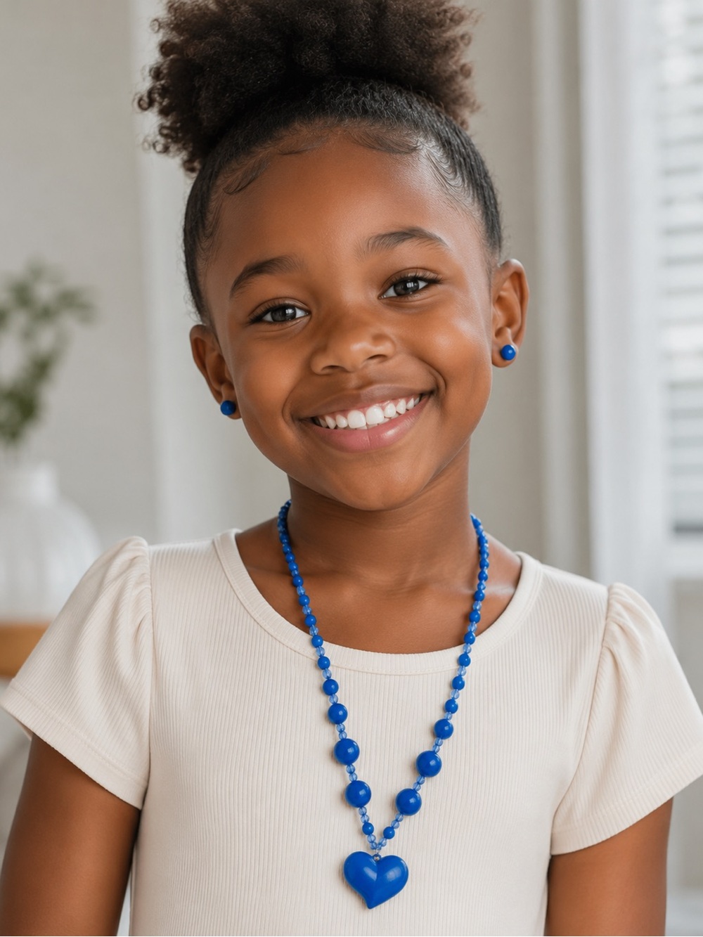 Kids Blue Heart Beaded Necklace and Earring Set